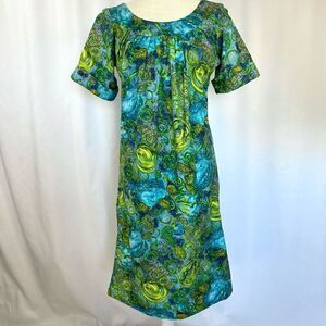Vintage 60s Muumuu Midi Dress Blue Green Women’s XS-S Retro Tiki Hawaiian Retro